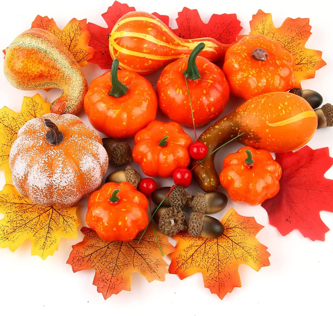 Faux foam pumpkins with realistic maple leaves, acorns, and red berries for Halloween Thanksgiving Wreath Garland and Centerpiece Decoration